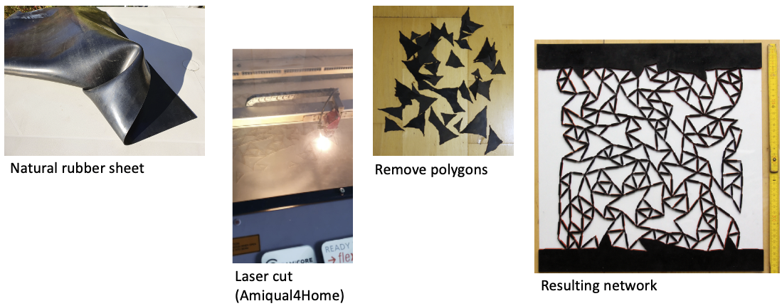 we design auxetic metamaterials by selecting and deleting edges in an irregular network, based on purely geometric criteria. This figure shows an experimental realization of such an auxetic network, obtained by laser-cutting a sheet of natural rubber.